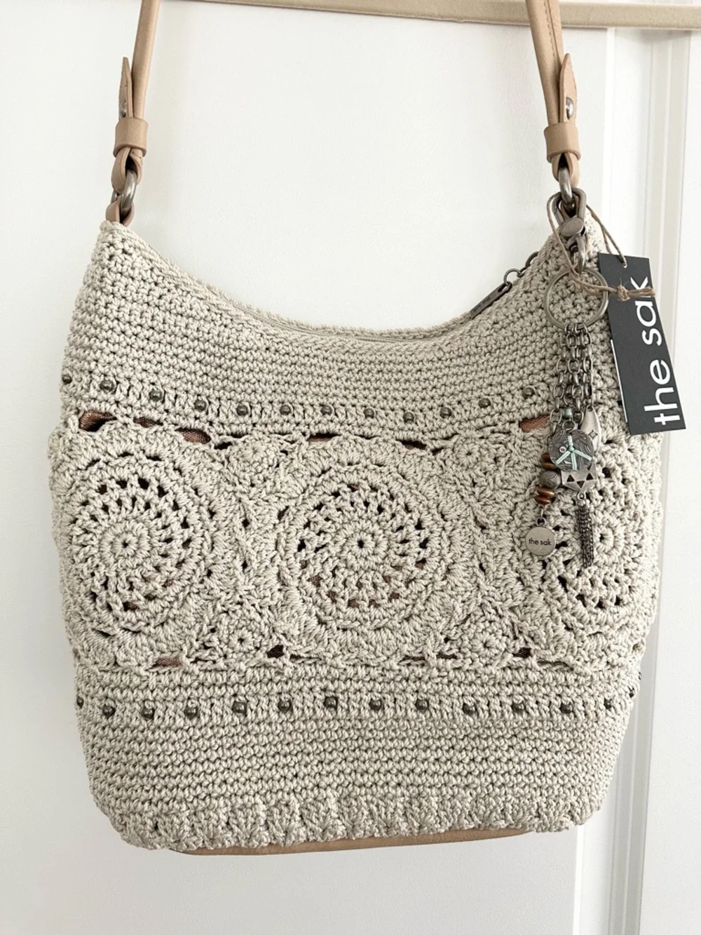 The Sak Sequoia Cream & Tan Crochet Leather Hobo Shoulder Bag with Bag Charm - Picture 9 of 17